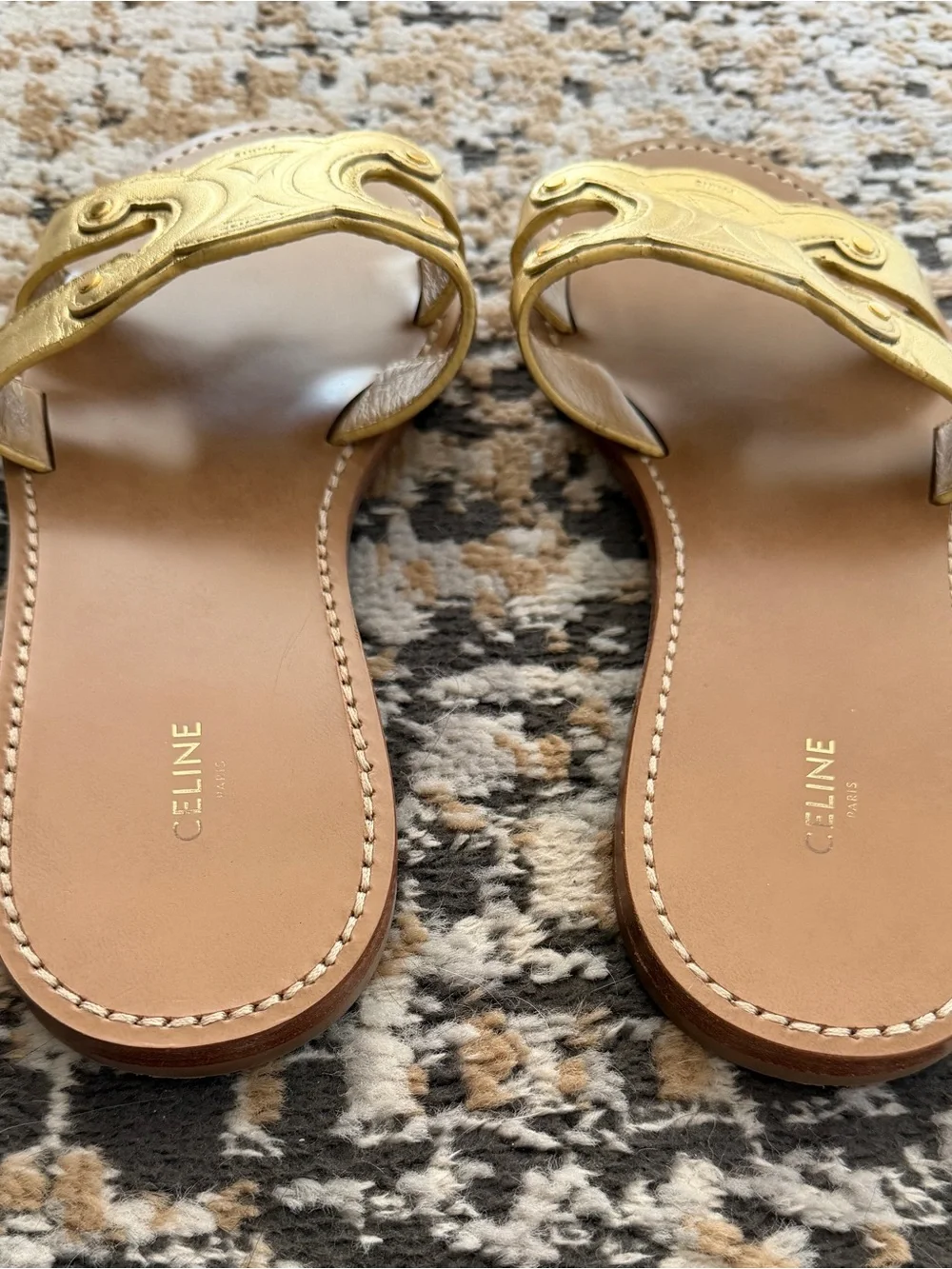 Celine Gold Triomphe Leather Slide Mule Sandals - Women's size 40 EUC